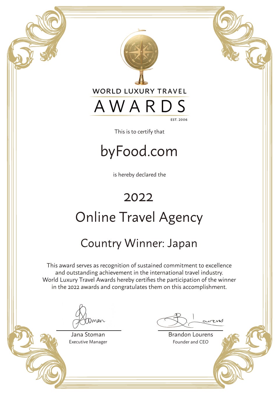 旅行業界のアカデミー賞「2022 World Luxury Travel Awards」ONLINE TRAVEL AGENCY（OTA部門）にて日本国最優秀賞を受賞！のサブ画像2