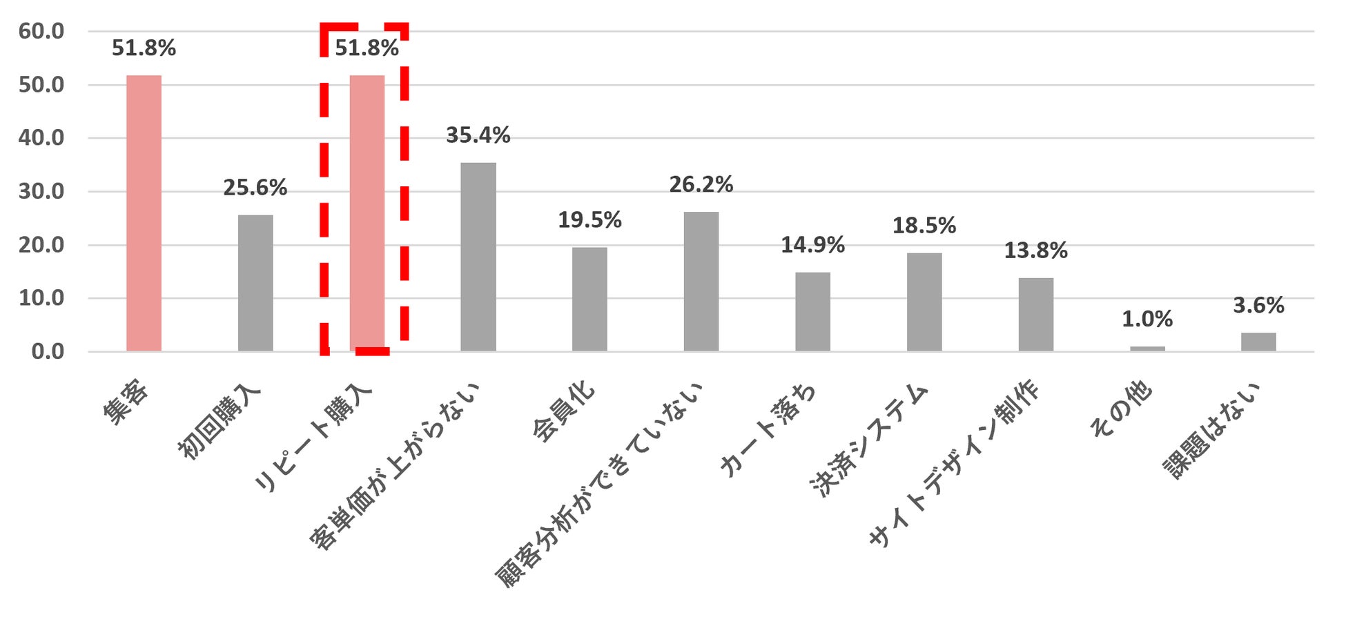 【ECサイト運営に関する課題を調査】EC事業者のCRMマーケティング課題として「集客（56.3%）」が最も高く、次いで「リピート購入（40.0%）」、「客単価の向上（26.3%）」という結果のサブ画像6